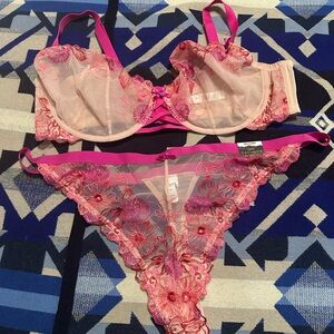 Cacique Pink and Cream Lace Bra and Panty Set